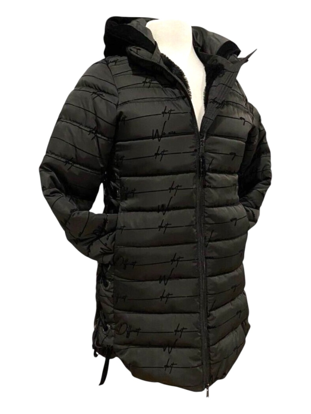 Desigual Womens Long Black Hooded Puffer Jacket Size 36 With Side Lace Details